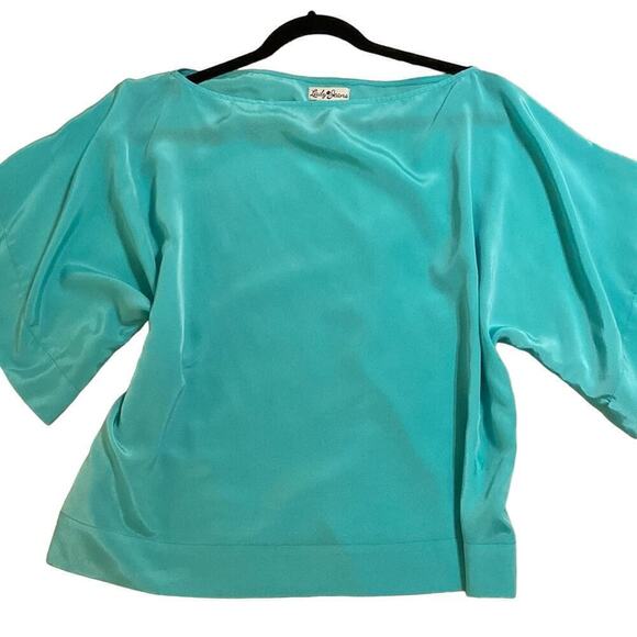 Lady Jeans Women’s Short Dolman Sleeve Boat Neck Boxy Blouse Sz M Blue Green - Picture 3 of 5
